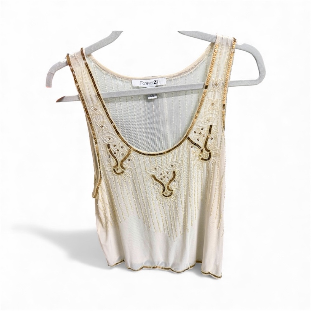 Forever 21 Ivory Mesh Blouse with Bronze Beading Embellishments Sz L